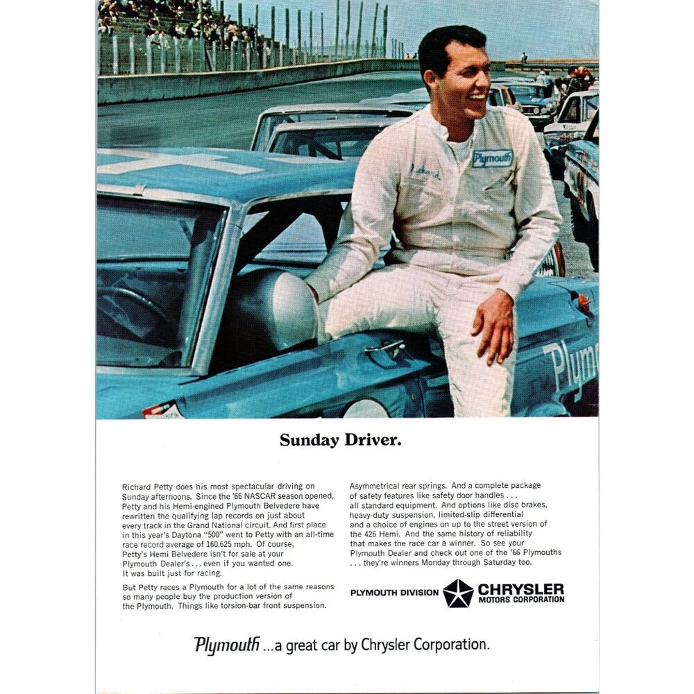 1966 Plymouth Belvedere NASCAR Daytona 500 Vintage Print Ad Sunday Driver Art